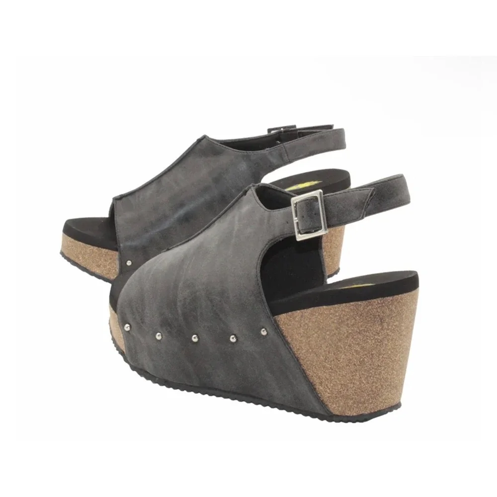 Volatile Division Cork Wedge Sandals Charcoal Slingback Studded Size 10